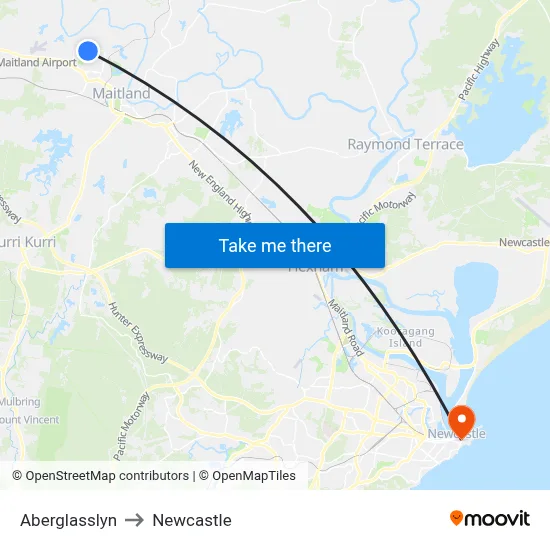 Aberglasslyn to Newcastle map