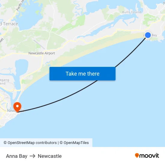 Anna Bay to Newcastle map