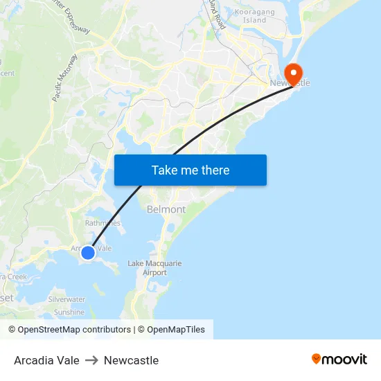 Arcadia Vale to Newcastle map
