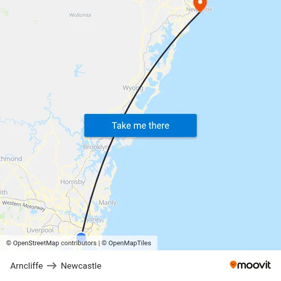 Arncliffe to Newcastle map