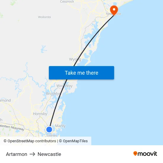 Artarmon to Newcastle map