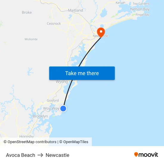 Avoca Beach to Newcastle map