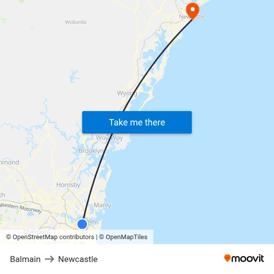 Balmain to Newcastle map