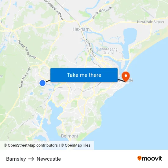 Barnsley to Newcastle map