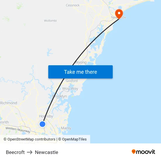 Beecroft to Newcastle map