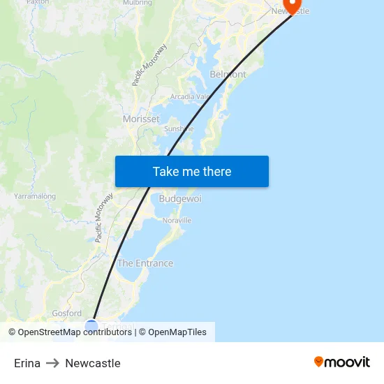Erina to Newcastle map