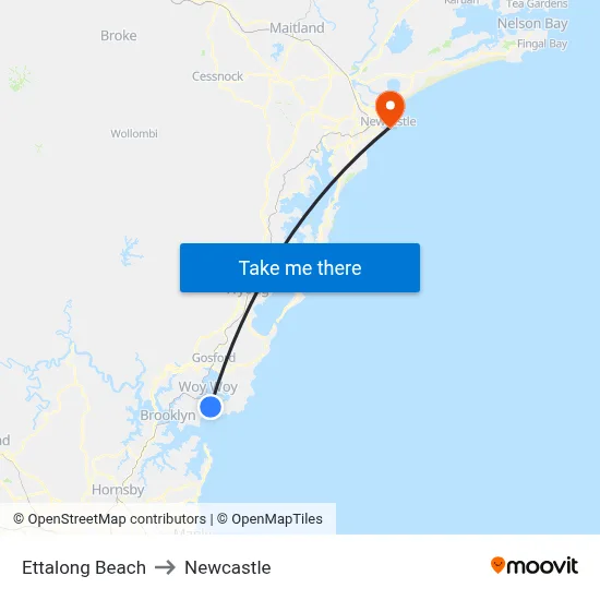 Ettalong Beach to Newcastle map
