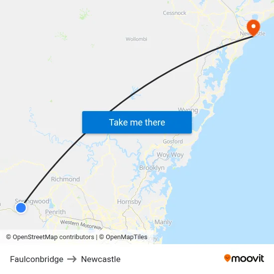 Faulconbridge to Newcastle map