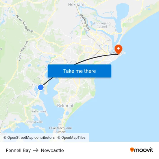 Fennell Bay to Newcastle map