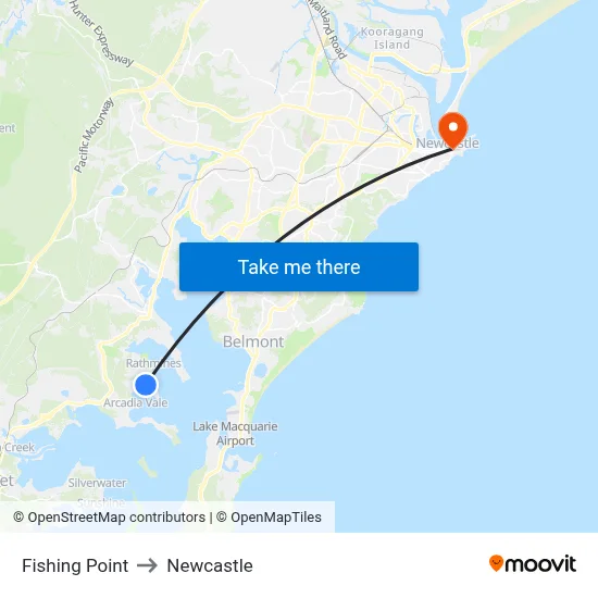 Fishing Point to Newcastle map