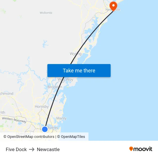 Five Dock to Newcastle map
