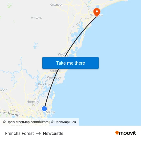 Frenchs Forest to Newcastle map