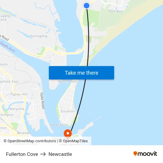 Fullerton Cove to Newcastle map
