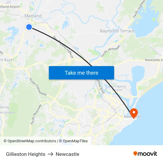 Gillieston Heights to Newcastle map