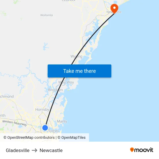 Gladesville to Newcastle map