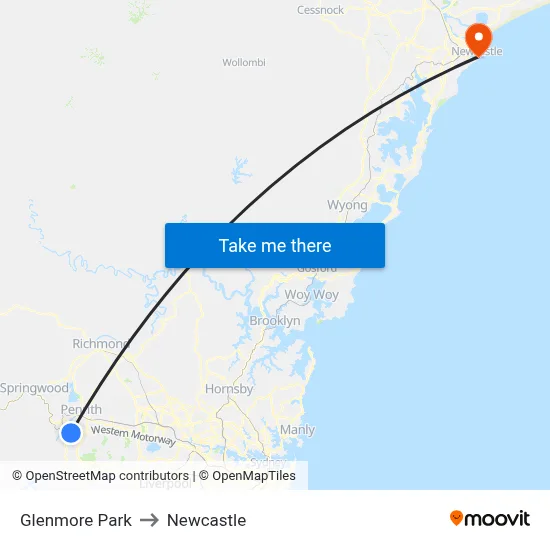 Glenmore Park to Newcastle map