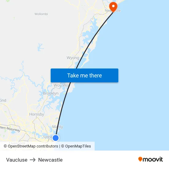 Vaucluse to Newcastle map