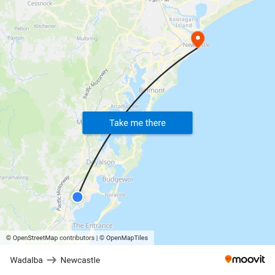 Wadalba to Newcastle map