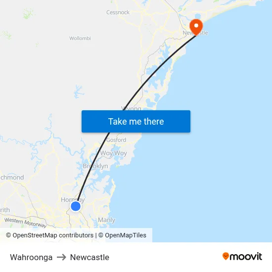 Wahroonga to Newcastle map
