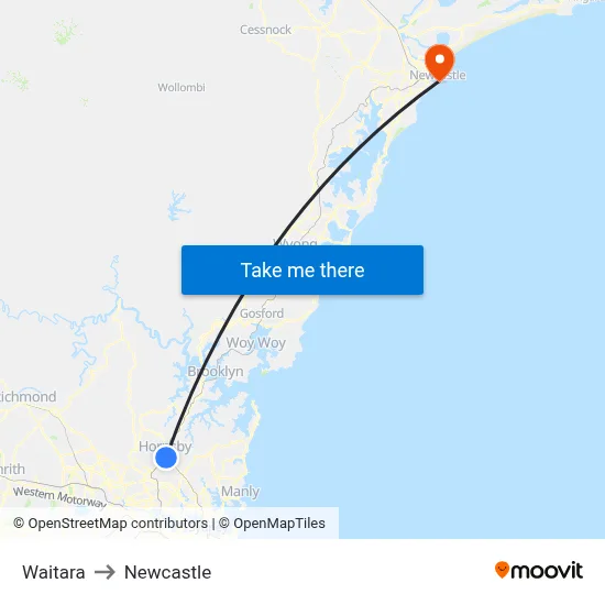 Waitara to Newcastle map