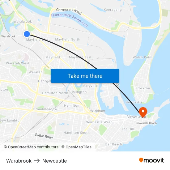 Warabrook to Newcastle map