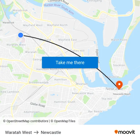 Waratah West to Newcastle map
