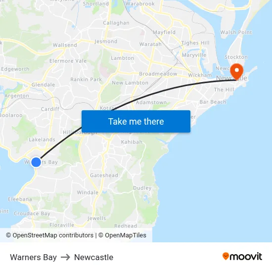 Warners Bay to Newcastle map