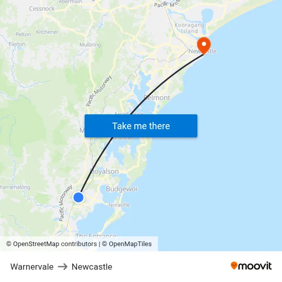 Warnervale to Newcastle map