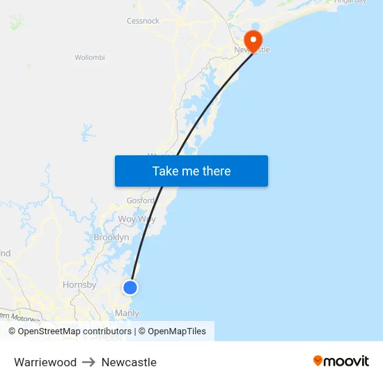 Warriewood to Newcastle map