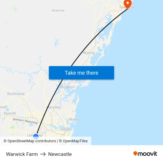 Warwick Farm to Newcastle map