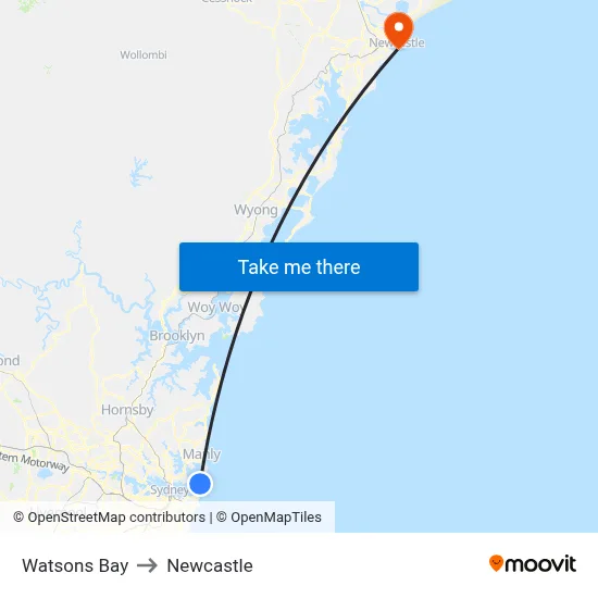 Watsons Bay to Newcastle map