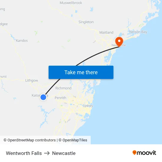 Wentworth Falls to Newcastle map