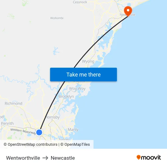Wentworthville to Newcastle map
