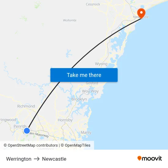 Werrington to Newcastle map