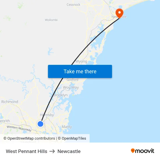West Pennant Hills to Newcastle map
