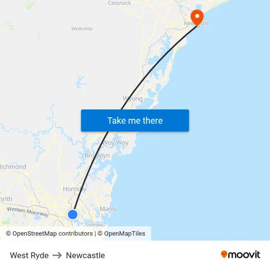 West Ryde to Newcastle map