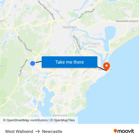 West Wallsend to Newcastle map