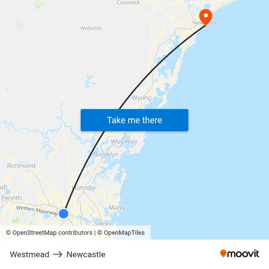 Westmead to Newcastle map