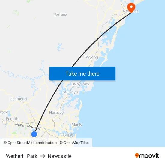 Wetherill Park to Newcastle map