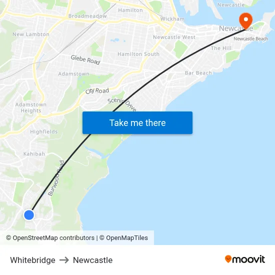 Whitebridge to Newcastle map