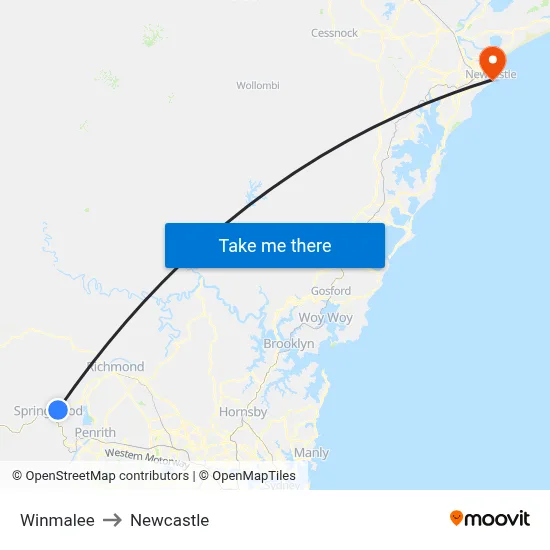 Winmalee to Newcastle map