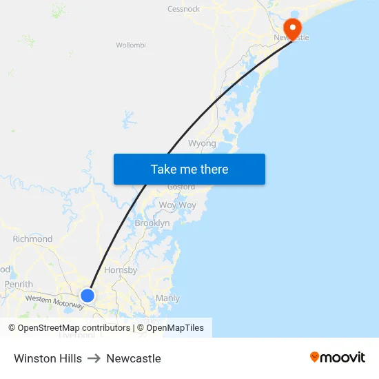 Winston Hills to Newcastle map