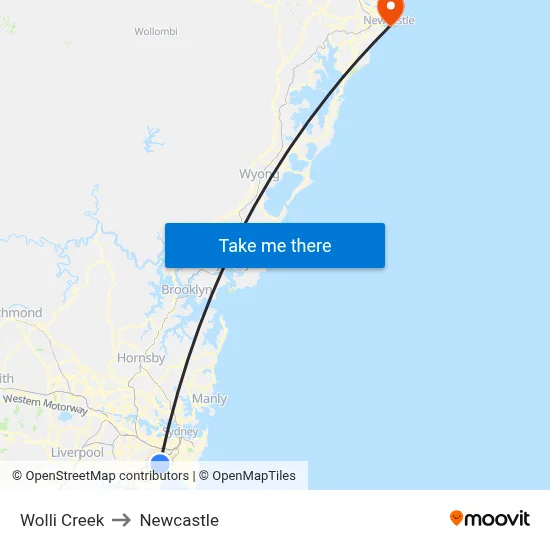 Wolli Creek to Newcastle map