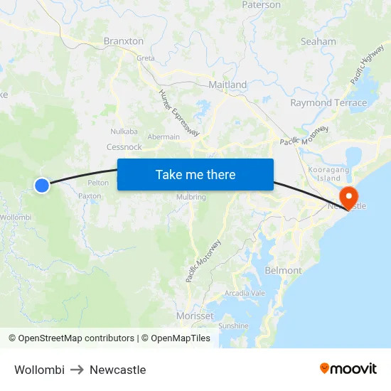 Wollombi to Newcastle map