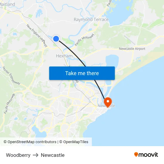 Woodberry to Newcastle map