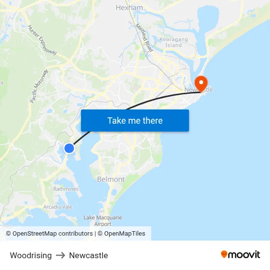 Woodrising to Newcastle map