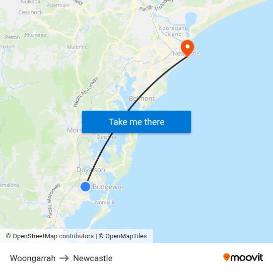 Woongarrah to Newcastle map