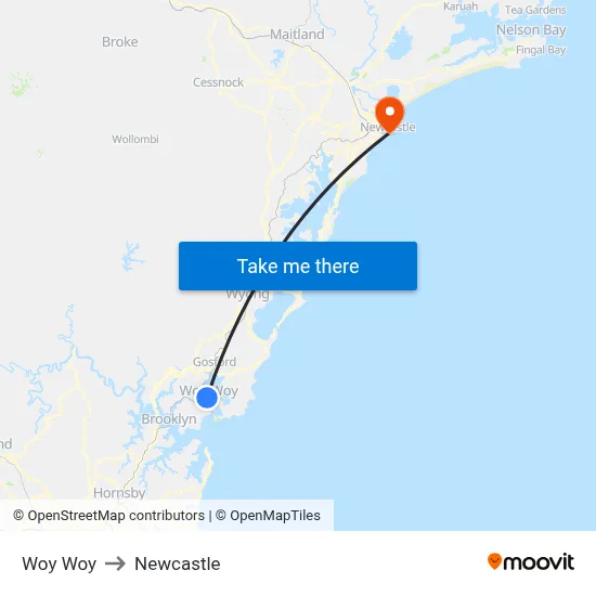 Woy Woy to Newcastle map