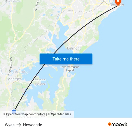 Wyee to Newcastle map