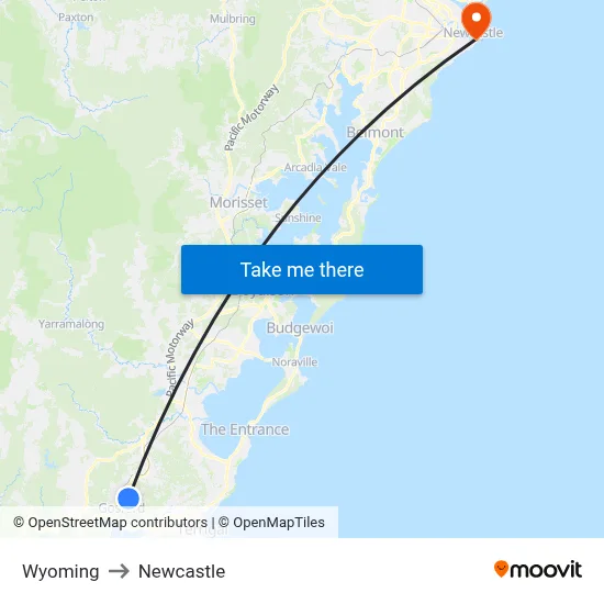Wyoming to Newcastle map
